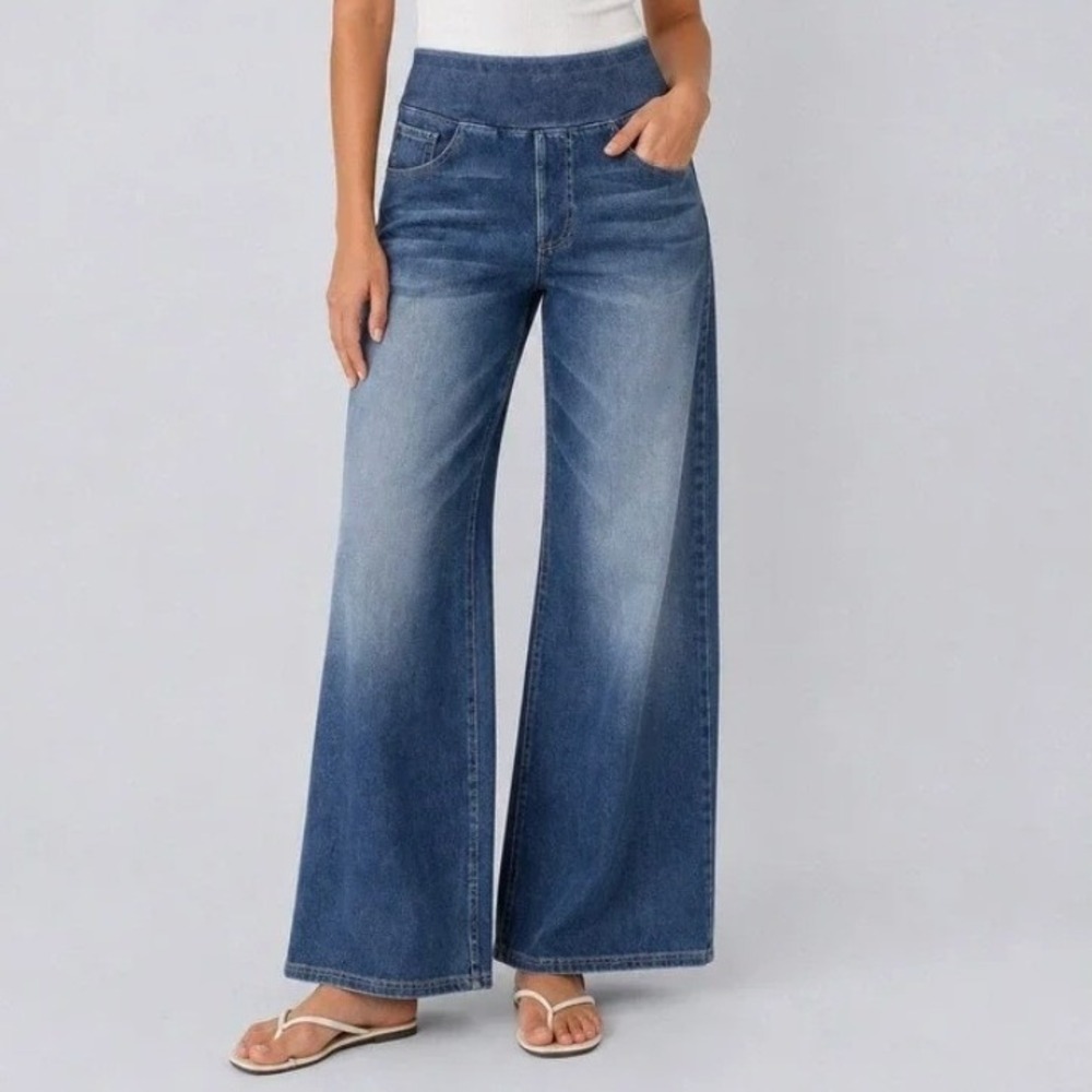 Halara Flex Wide Leg Pull On High Waisted Denim Jeans Small Dark Blue